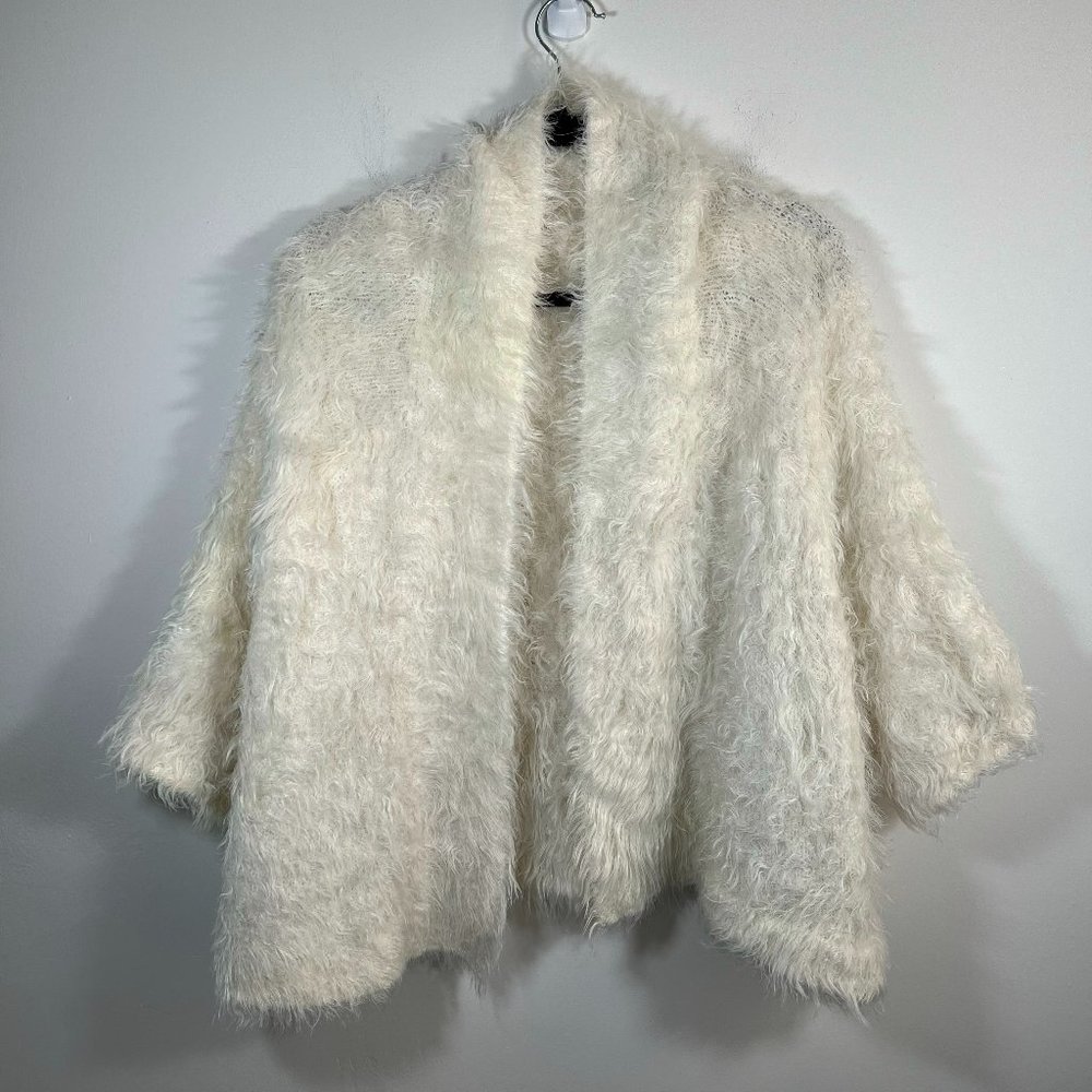 Anthropologie Knitted and Knotted White Fuzzy Cropped Sleeve Draped Cardigan